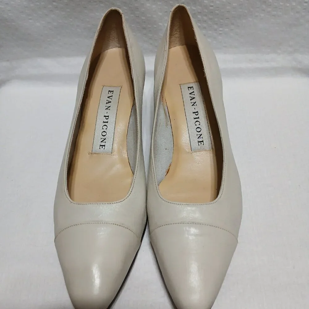 EVAN PICONE RAFFI CREAM NAPPA LEATHER SLIP ON PUMPS BLOCK HEEL SIZE 7.5
